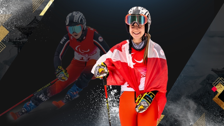 A composite image of Mollie Jepsen smiling with the Canadian flag wrapped around her and an action shot of her on the hill