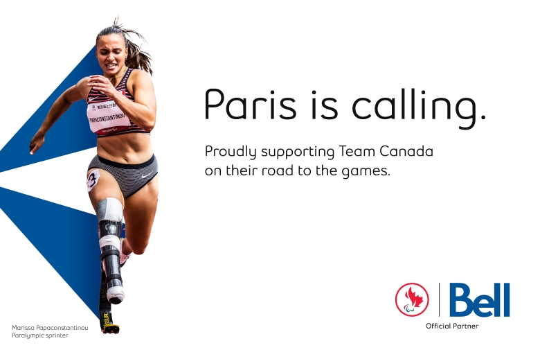 Image of Marissa Papconstatinou running. Text: Paris is calling. Proudly support Team Canada on the road to the Games. Sponsored by Bell