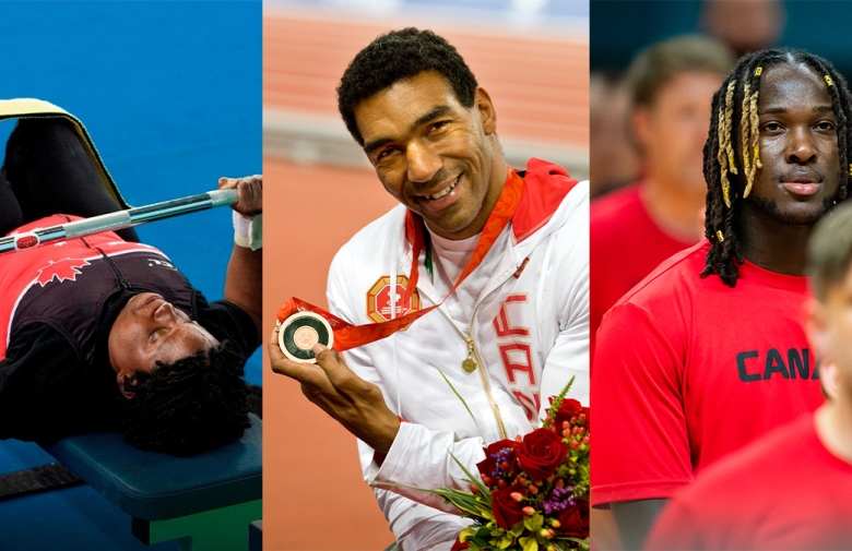 Image of three Black Canadian Paralympians - On the left Powerlifter Sally Thomas, in the middle Para athletics gold medallist Dean Bergeron and on the right is Wheelchair Basketball player Blaise Mutware.