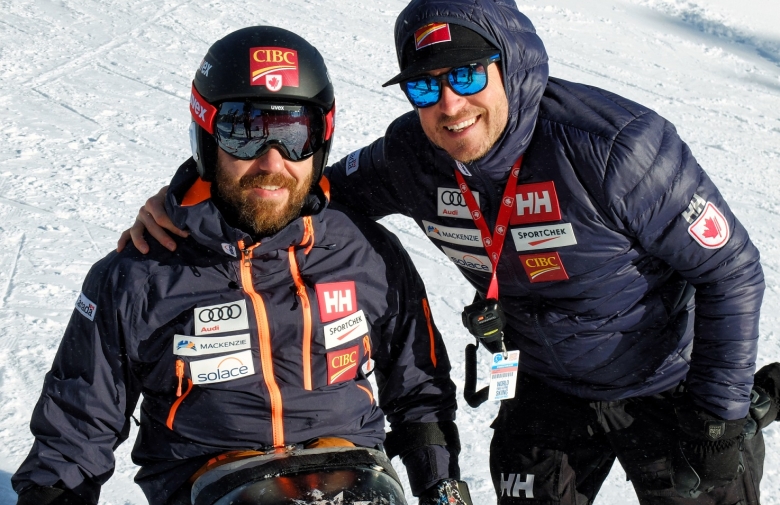 Coach Jean-Sebastien Labrie (left) with Para alpine skier Kurt Oatway (right)