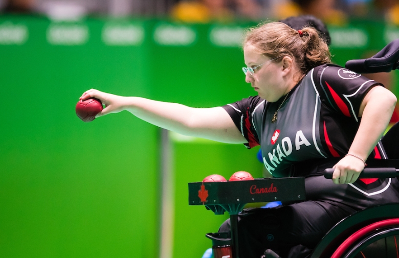 Alison Levine throwing the boccia ball at the Rio 2016 Paralympic Games