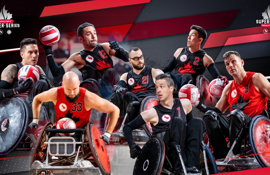 A compilation of wheelchair rugby players set upon the Paralympic Super Series background - Trevor Hirschfield, Zak Madell, Patrice Dagenais, Anthony Letourneau, Byron Green, Travis Murao, and Mike Whitehead. 