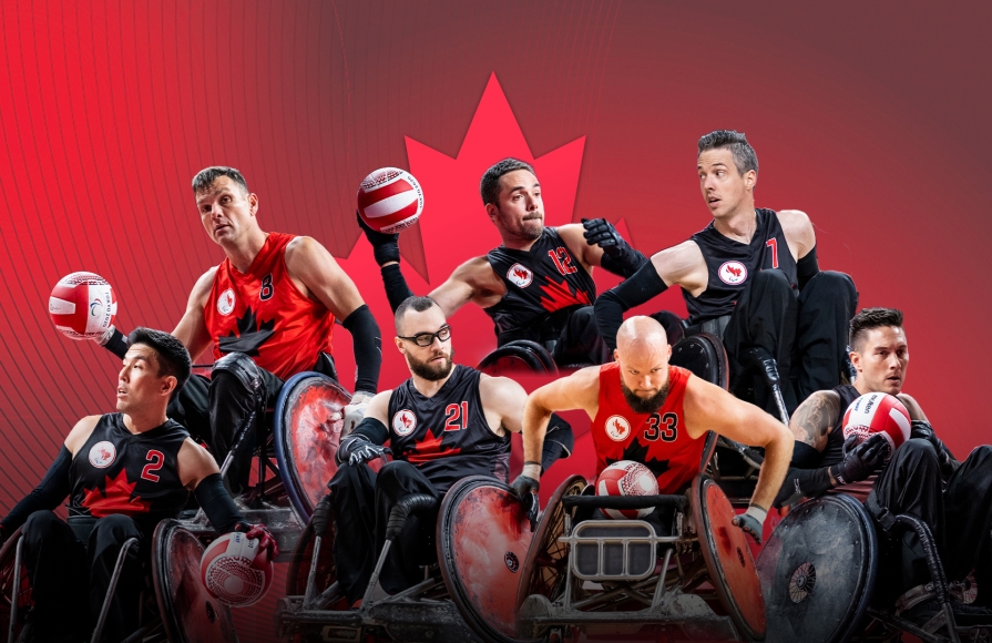 A compilation image of wheelchair rugby players Travis Murao, Mike Whitehead, Anthony Letourneau, Patrice Dagenais, Zak Madell, Byron Green, and Trevor Hirschfield
