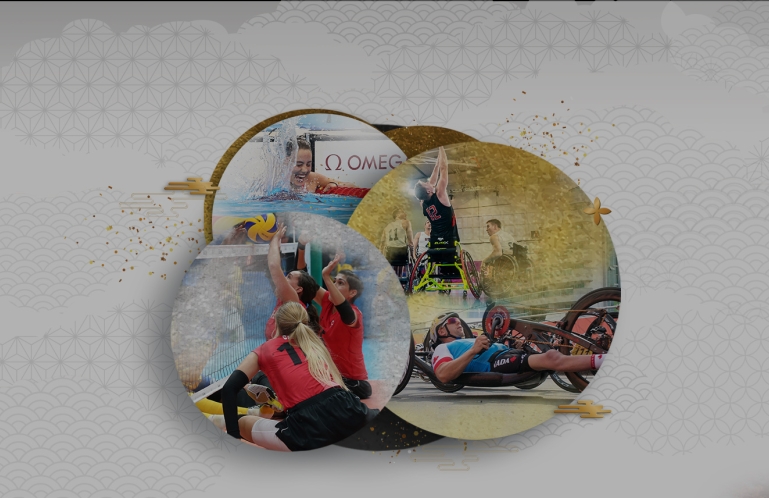 tokyo graphic backdrop with images of a hand cyclist, swimmer, and sitting volleyball athletes