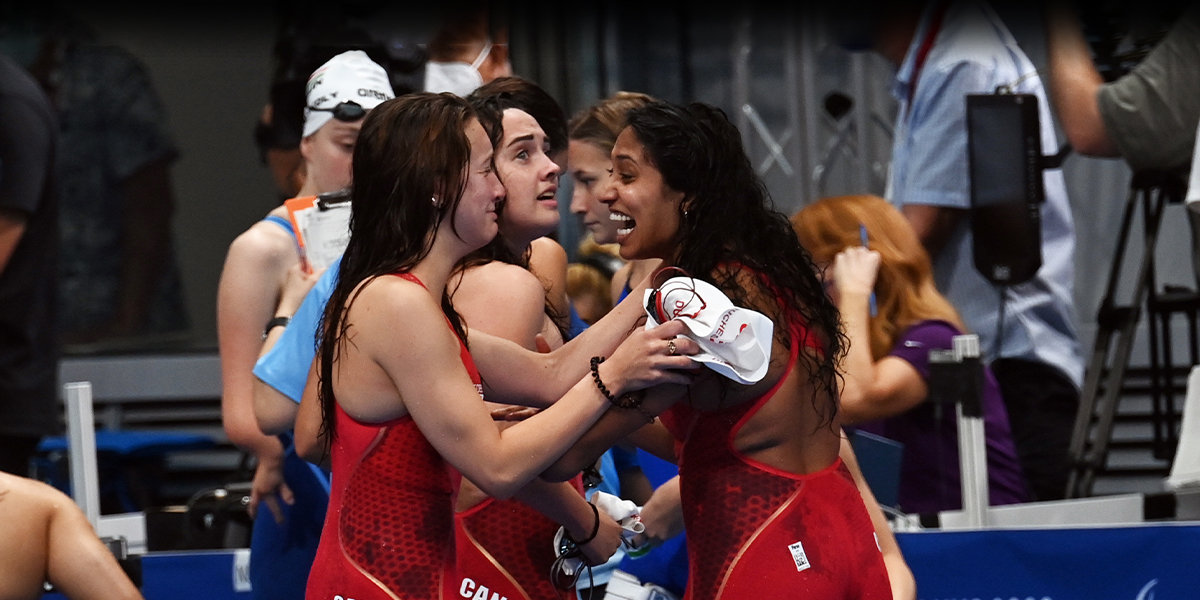 Canada's Women's 4x100m Freestyle Relay 34 Points team celebrates after winning bronze at the Tokyo 2020 Paralympics.