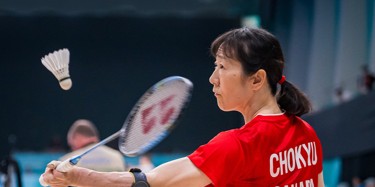 Canadian Wheelchair badminton player Yuka Chokyu hits the shuttlecock during a match at the Santiago 2023 Parapan American Games.