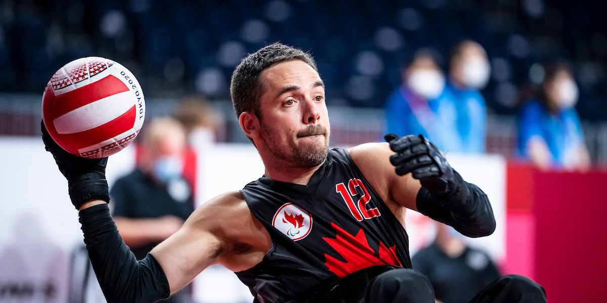 Canadian Wheelchair rugby player Patrice "Pico" Dagenais competes during a match at the Tokyo 2020 Paralympics.