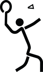 Black and white pictogram representing Para badminton. A stylized figure is depicted mid-action, holding a racket in one hand while preparing to strike a shuttlecock. The dynamic posture conveys movement and the competitive nature of the sport.