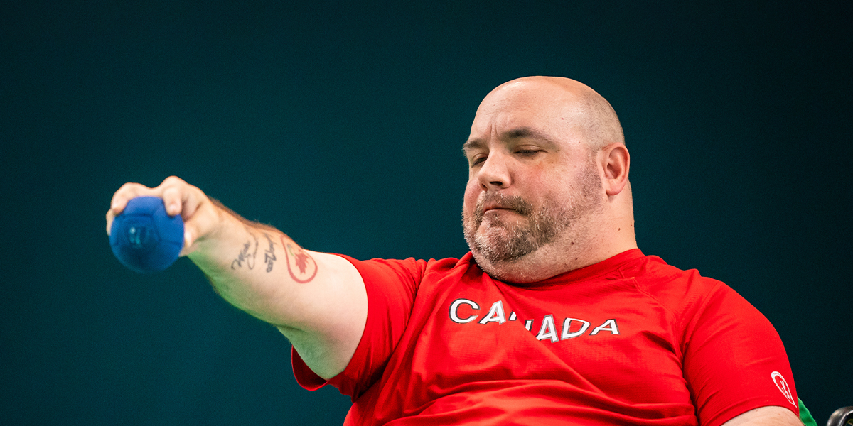 Canadian Boccia player Lance Cryderman prepares for a throw during a match at the Santiago 2023 Parapan American Games.