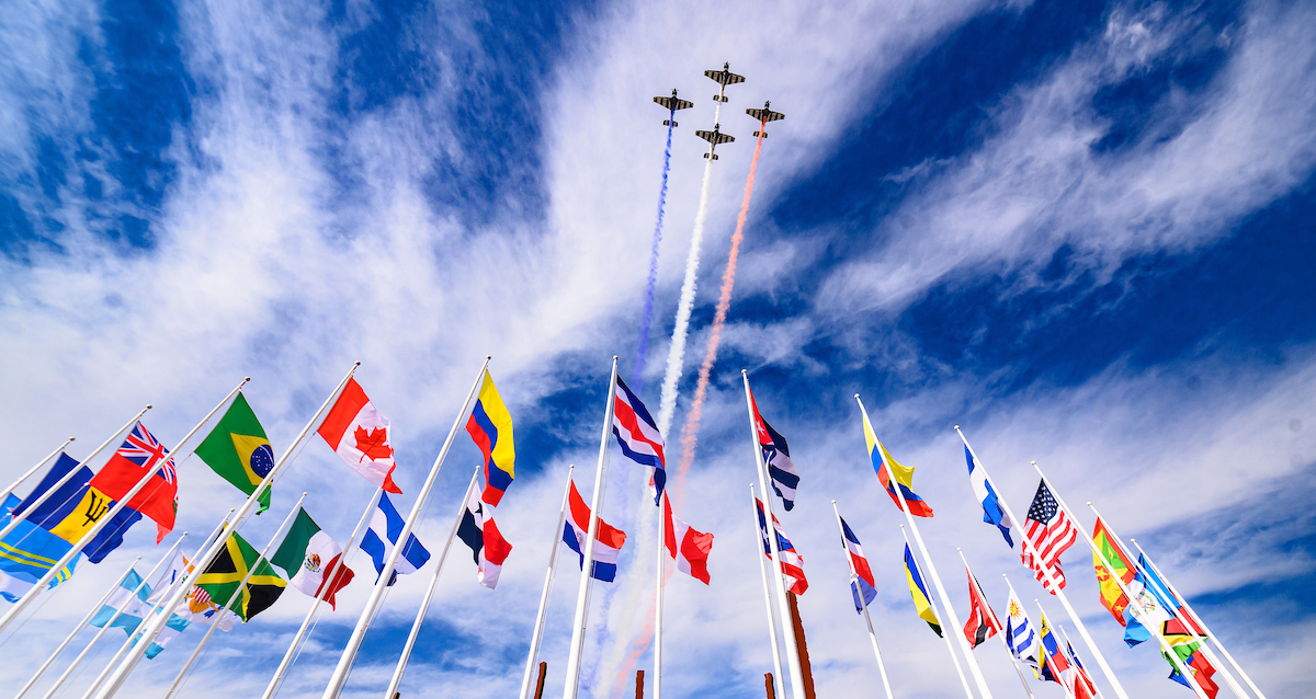 Planes fly overhead all the flags of the countries of Parapan Am Games in Santiago