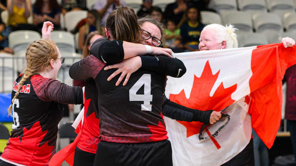 Canadian Goalball athletes celebrating winning gold medal at the Santiago 2023 ParaPan American Games.
