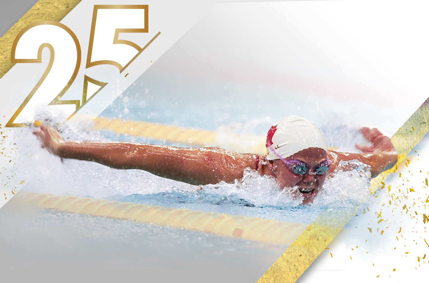 Stephanie Dixon competing in swimming at the Paralympic Games with the Pfizer 25 year celebration design overlaid on the image.