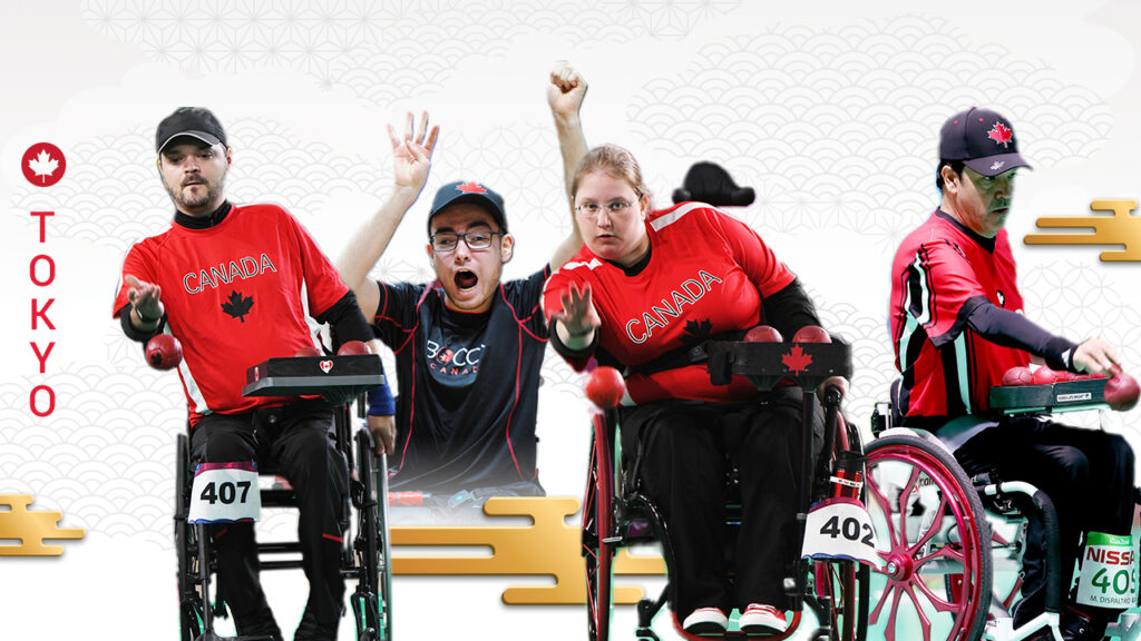 An combined image of Iulian Ciobanu, Danik Allard, Alison Levine, and Marco Dispaltro in boccia competition
