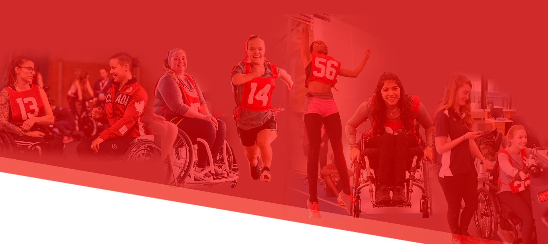 A graphic comprised of female athletes from past Paralympian Search events on a red background