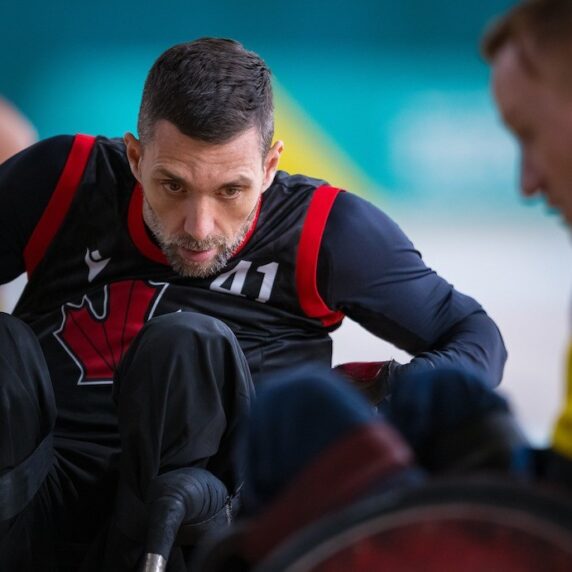 Eric Rodrigues in wheelchair rugby action at Santiago 2023 Parapan Am Games