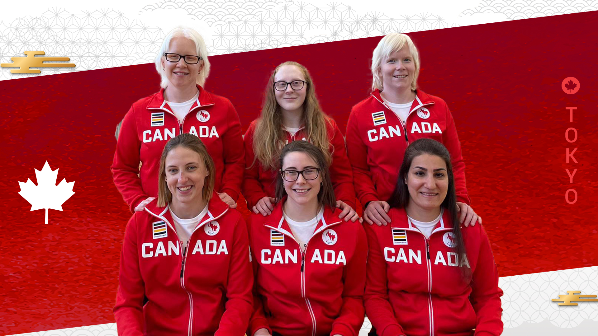 Team photo of the Tokyo 2020 Canadian Paralympic goalball team: Amy Burk, Brieann Baldock, Whitney Bogart, Meghan Mahon, Emma Reinke, and Maryam Salehizadeh