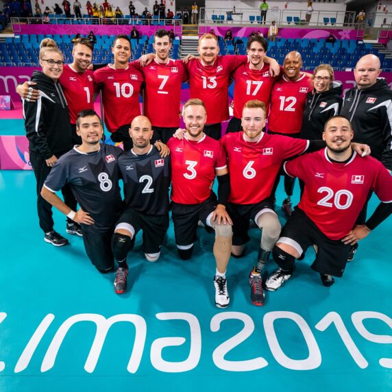 The Canadian men's sitting volleyball team after winning the bronze medal at Lima 2019.