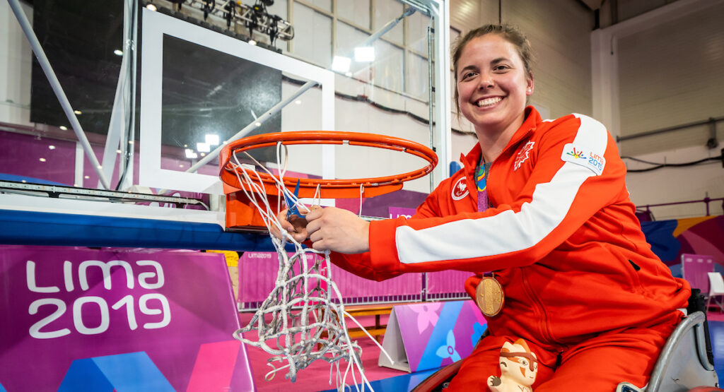 Erica Gavel celebrates winning gold at the Lima 2019 Parapan Am Games