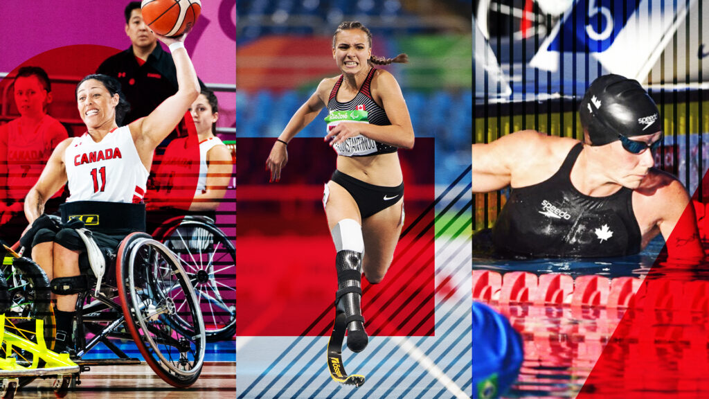Images of Tara Llanes (wheelchair basketball), Marissa Papaconstantinou (Para athletics), and Tammy Cunnington (Para swimming) in action in their respective sports