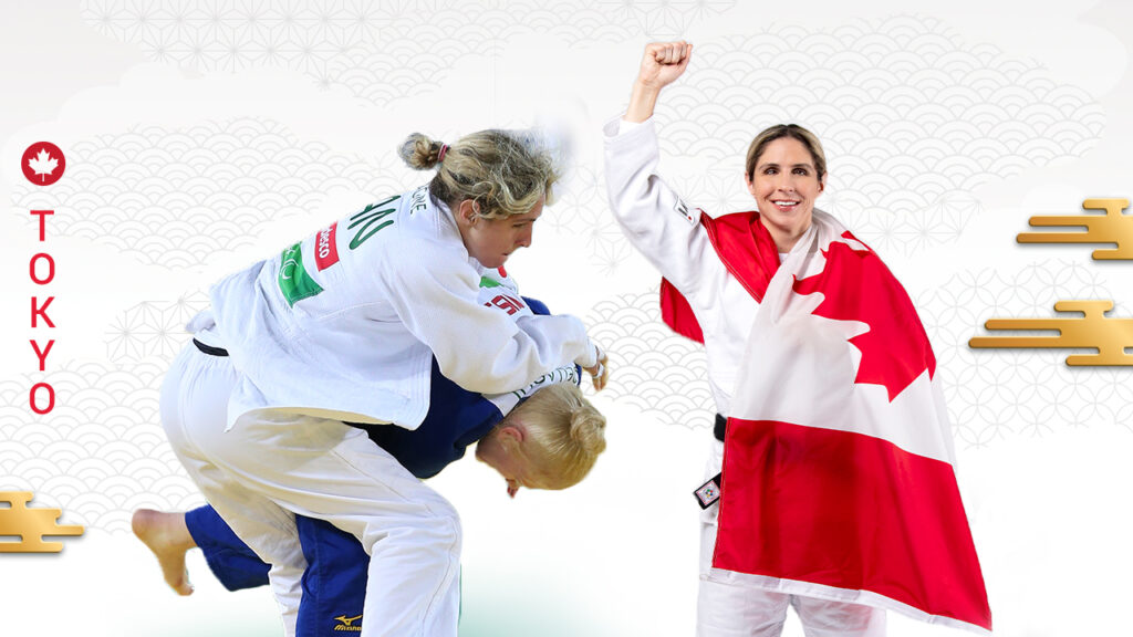 Two photos of Priscilla Gagné, one in Para judo competition and the other standing with a Canadian flag draped over her
