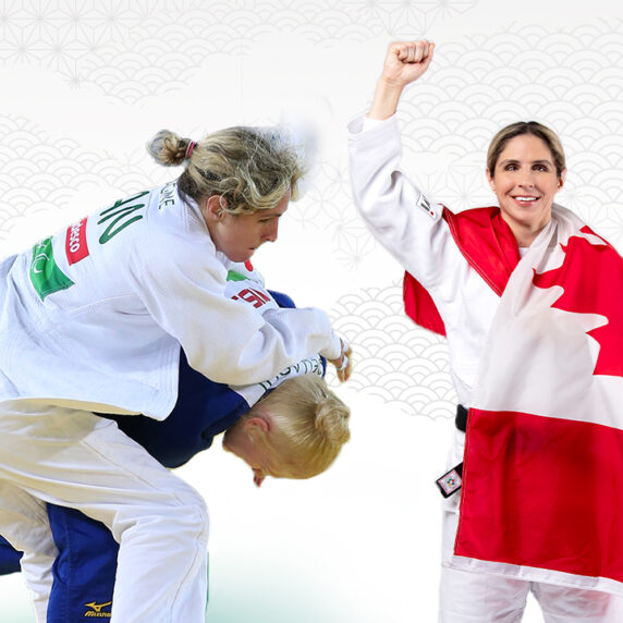 Two photos of Priscilla Gagné, one in Para judo competition and the other standing with a Canadian flag draped over her