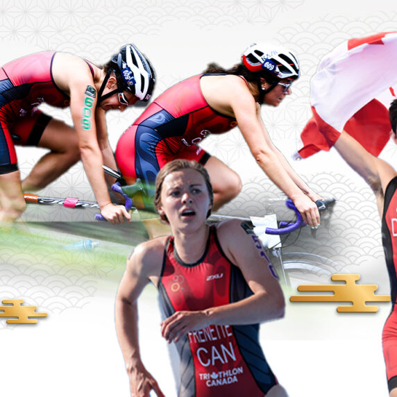 An image of the Tokyo 2020 Para triathlon team: Jessica Tuomela and guide Marianne Hogan, Kamylle Frenette, and Stefan Daniel.