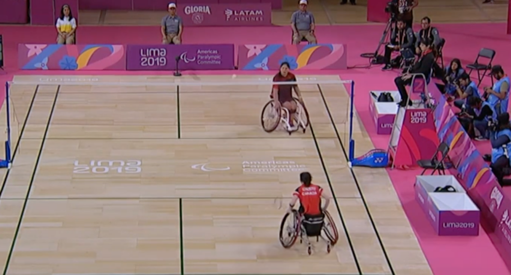 Yuka playing badminton in final at Parapan Ams, on court