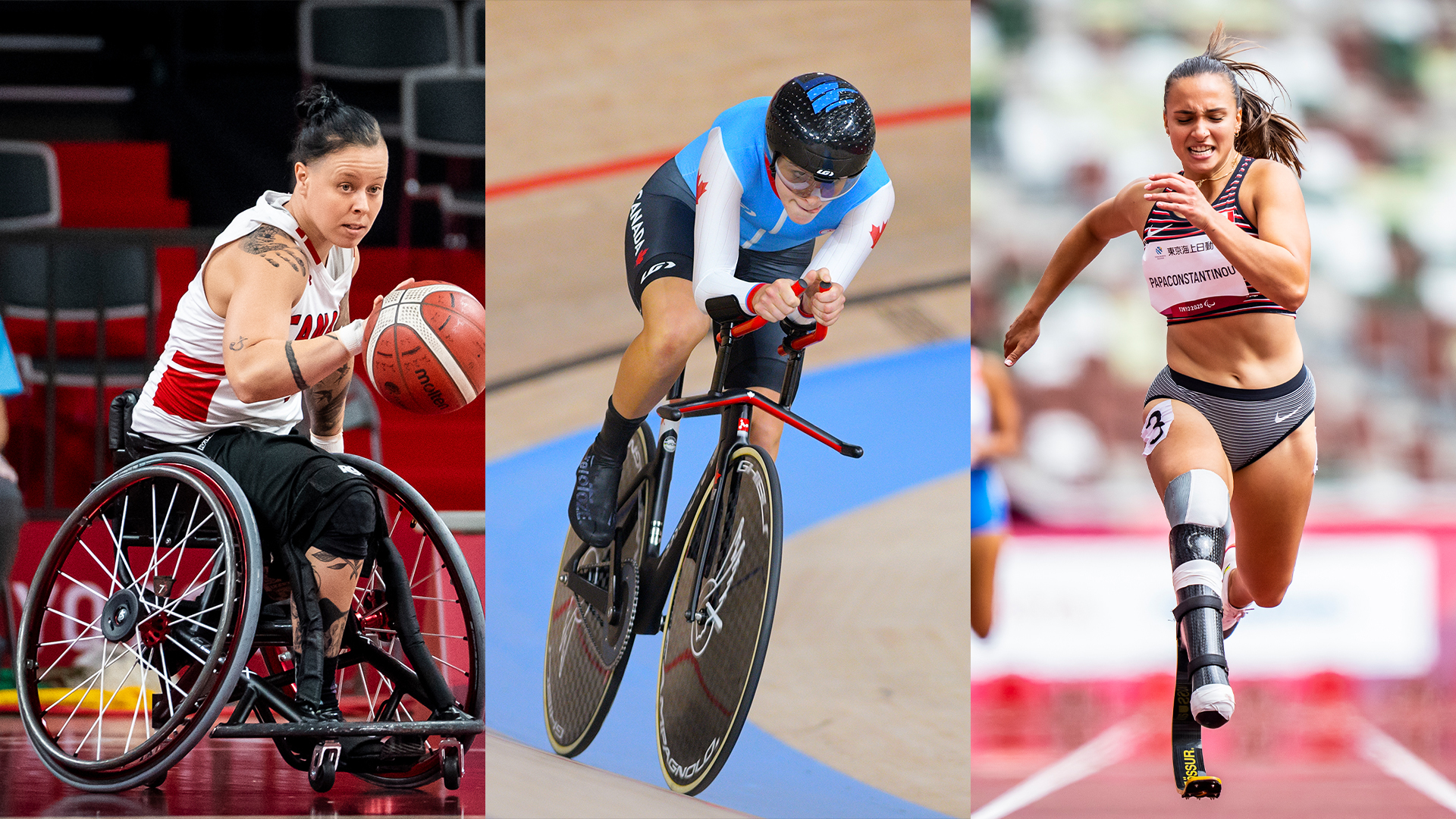 A compilation of action shots of Cindy Ouellet in wheelchair basketball, Keely Shaw on the Para cycling track, and Marissa Papaconstantinou sprinting.