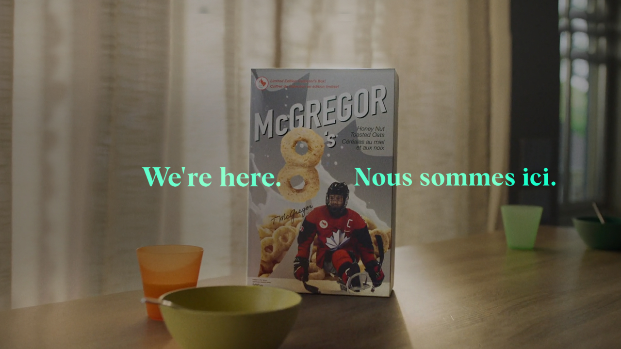 We're here/ nous sommes ici. A box of cereal with Tyler McGregor on it