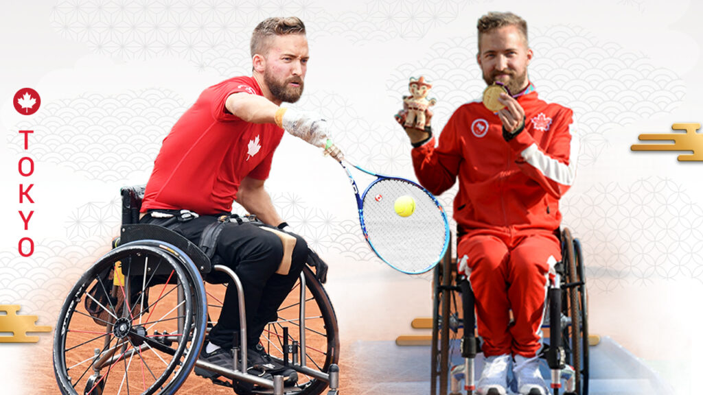 Two photos of Rob Shaw from the Lima 2019 Parapan Am Games - one action shot and one with his gold medal