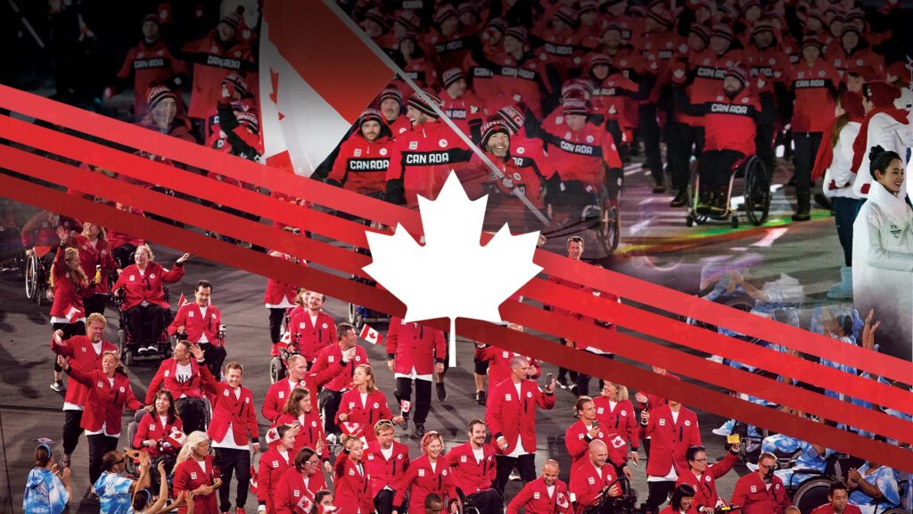 An image of Canada entering the Opening Ceremony at Rio 2016 and PyeongChang 2018 with a maple leaf overlaid on top