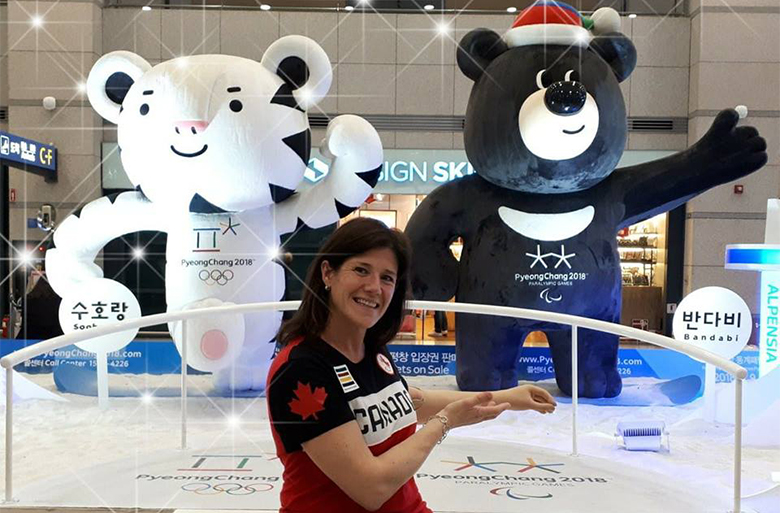 Carolin Viau sits infront of Soorang and Bandabi the PyeongChang Olympic and Paralympic Games mascots