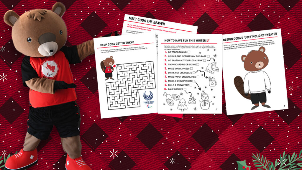 Coda standing next to sample of activities from the Winter Activity Booklet