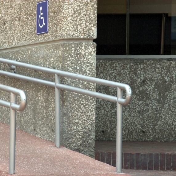 A photo of an accessible ramp outside a building