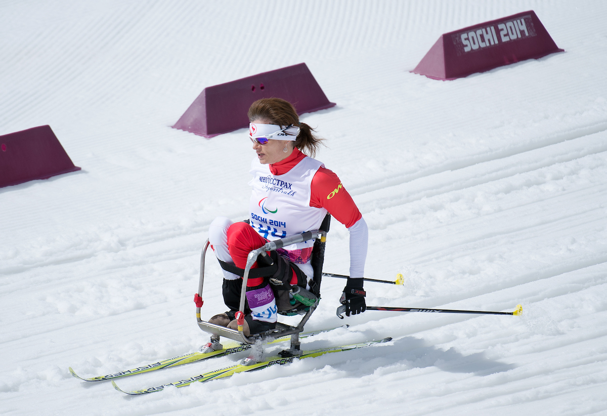 Colette Bourgonje in competition in Para cross country at the Sochi 2014 Paralympic Games.