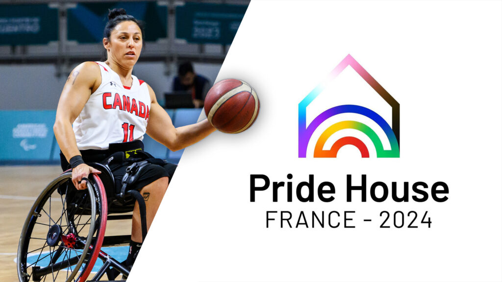 Graphic of Canadian Wheelchair basketball player Tara Llanes with a logo of the Paris 2024 Pride House.