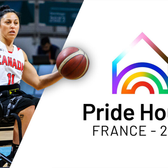 Graphic of Canadian Wheelchair basketball player Tara Llanes with a logo of the Paris 2024 Pride House.