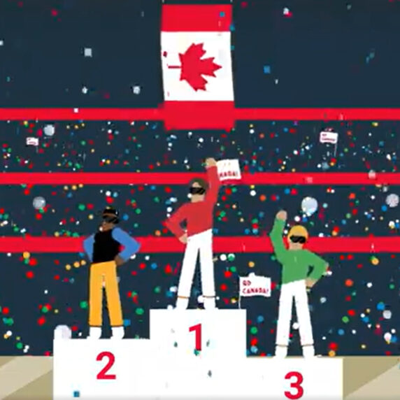 A cartoon graphic of a Canadian goalball athlete standing atop a podium at the Paralympics.