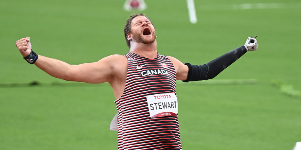 Canadian Para athlete Greg Stewart celebrates a gold medal winning shotput throw at the Tokyo 2020 Olympics.