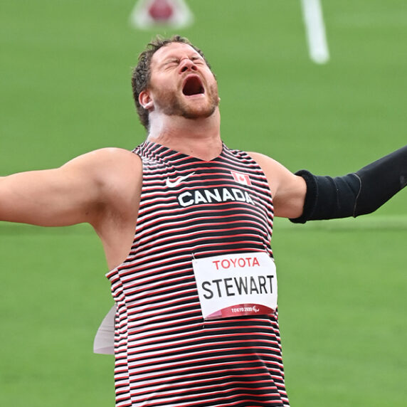 Canadian Para athlete Greg Stewart celebrates a gold medal winning shotput throw at the Tokyo 2020 Olympics.