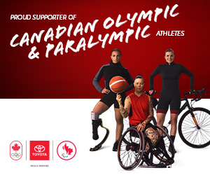 Toyota Canada advertisement stating their proud support of the Canadian Paralympic Team, the image features three Paralympians, on the left is Para athletics sprinter Marissa Papaconstantinou posing while wearing her running blade, in the middle is Canadian Wheelchair basketball star Cindy Ouellet spinning a basketball on her finger while sitting in her wheelchair, and on the right is Para cycling star Keely Shaw leaning against her bicycle.