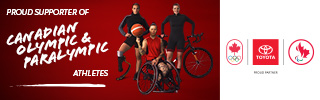 Toyota Canada advertisement stating their proud support of the Canadian Paralympic Team, the image features three Paralympians, on the left is Para athletics sprinter Marissa Papaconstantinou posing while wearing her running blade, in the middle is Canadian Wheelchair basketball star Cindy Ouellet spinning a basketball on her finger while sitting in her wheelchair, and on the right is Para cycling star Keely Shaw leaning against her bicycle.