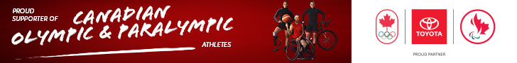 Toyota Canada advertisement stating their proud support of the Canadian Paralympic Team, the image features three Paralympians, on the left is Para athletics sprinter Marissa Papaconstantinou posing while wearing her running blade, in the middle is Canadian Wheelchair basketball star Cindy Ouellet spinning a basketball on her finger while sitting in her wheelchair, and on the right is Para cycling star Keely Shaw leaning against her bicycle.