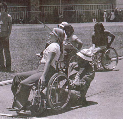 Sarah Baker competing in the Women's Javelin at the Arnhem 1980 Paralympics.