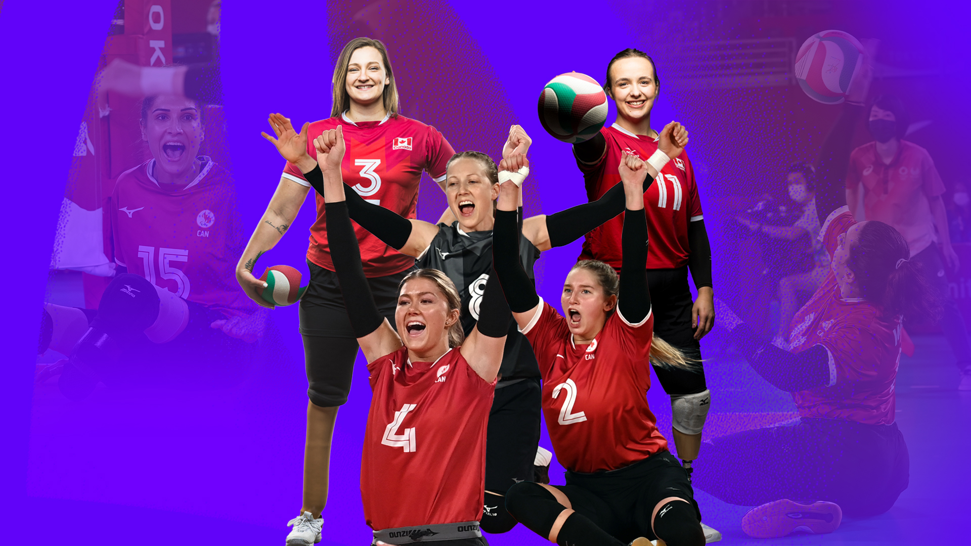 A collage of Canadian Sitting volleyball players.