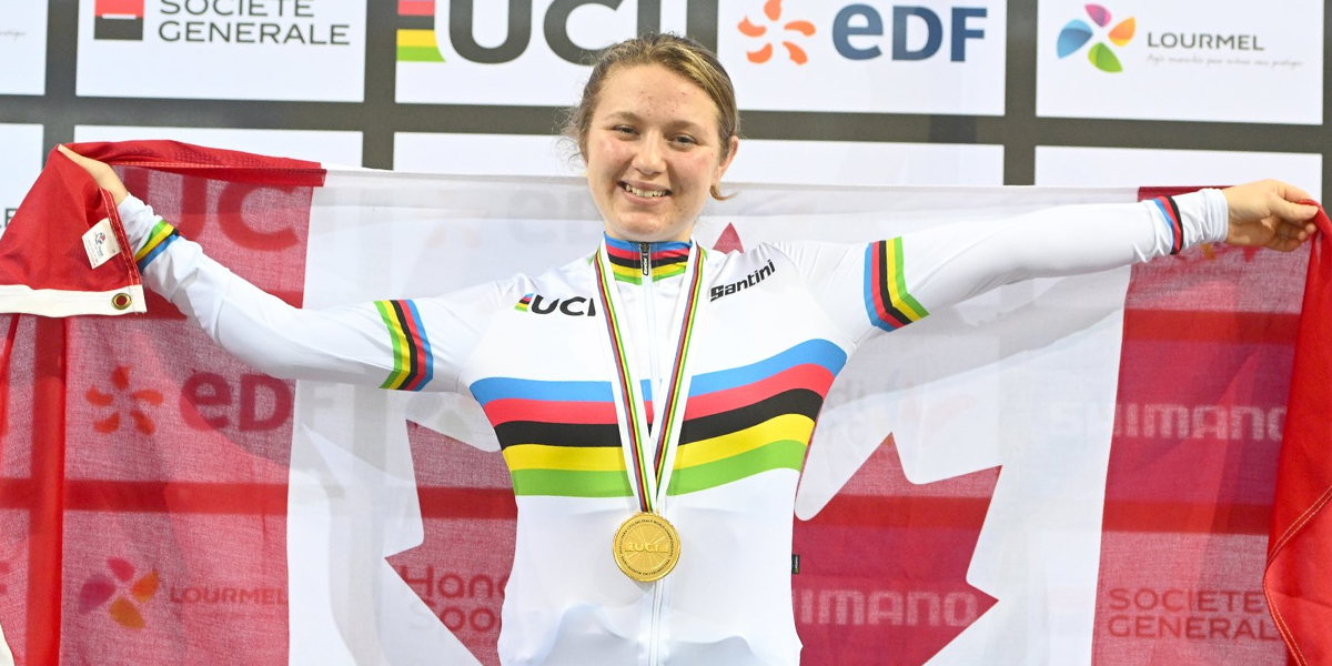 Canadian Para cyclist Mel Pemble celebrates after winning gold at the 2022 Para Cycling Track World Championships.