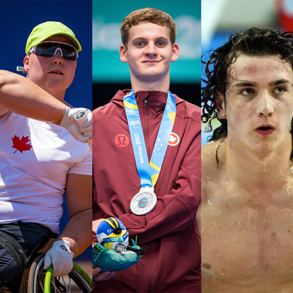 A composite image of five Canadian Para athletes. From left, Para thrower Katie Pegg, then Wheelchair tennis player Natalia Lanucha, in the middle is Para badminton player William Roussy, then is Para swimmer Reid Maxwell, and on the end is Para thrower Ashlyn Renneberg.