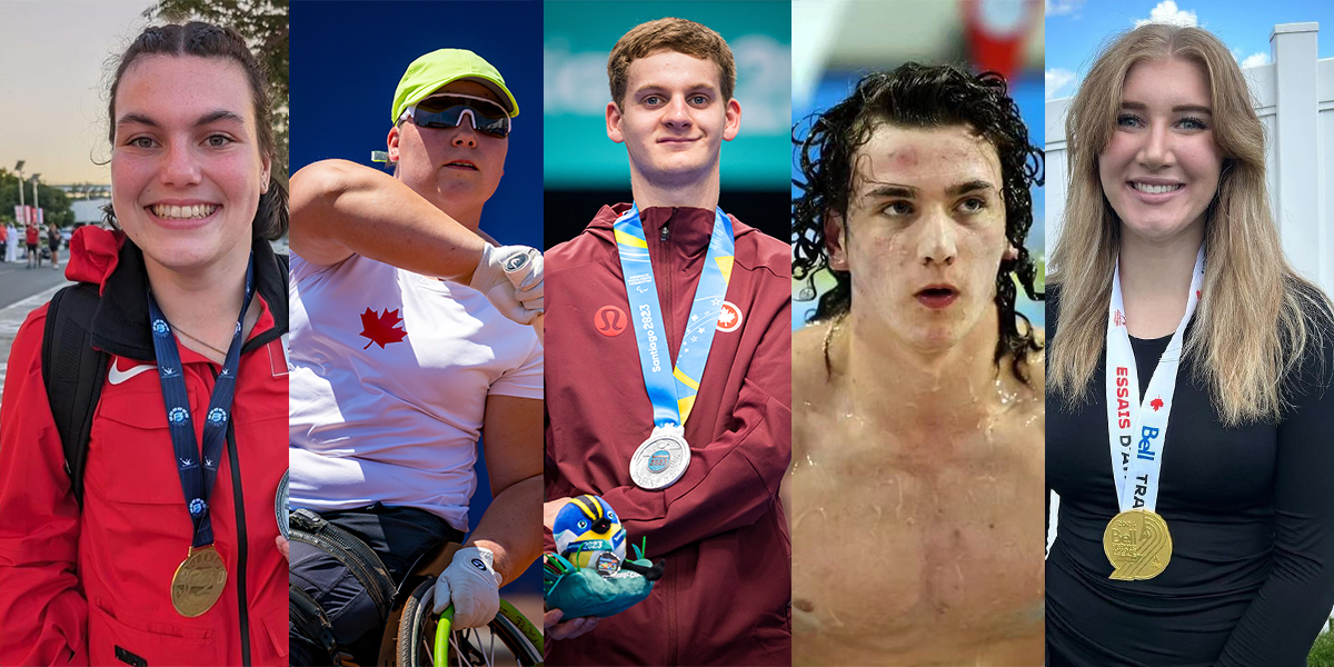 A composite image of five Canadian Para athletes. From left, Para thrower Katie Pegg, then Wheelchair tennis player Natalia Lanucha, in the middle is Para badminton player William Roussy, then is Para swimmer Reid Maxwell, and on the end is Para thrower Ashlyn Renneberg.