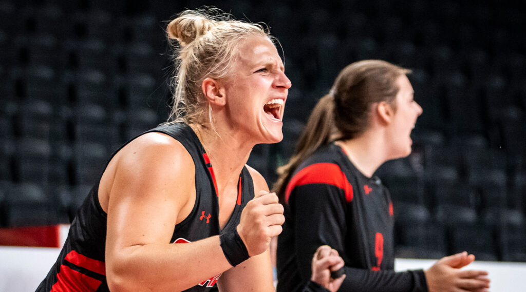 Canadian Wheelchair basketball Kady Dandeneau cheering during a match at the Tokyo 2020 Paralympics.