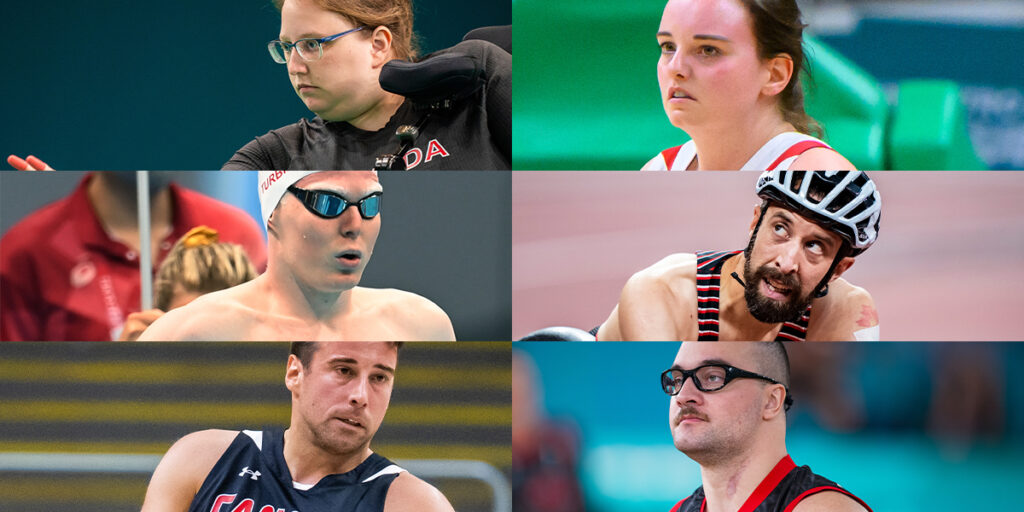 A composite image of headshots of six Canadian Paralympians in action, from the top left it is Boccia player Alison Levine, on the left side middle is Para swimmer Nicolas-Guy Turbide, in the bottom left hand corner is Wheelchair basketball player Jonathan Vermette, in the top right corner is Wheelchair basketball player Elodie Tessier, in the right hand side middle is Wheelchair racer Brent Lakatos, and in the bottom right hand corner is Wheelchair rugby player Anthony Letourneau.